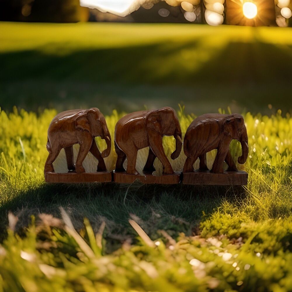 Lot Of‎ 3 - Hand Carved Wooden Elephants - Beautiful Craftsmanship & Well Cared